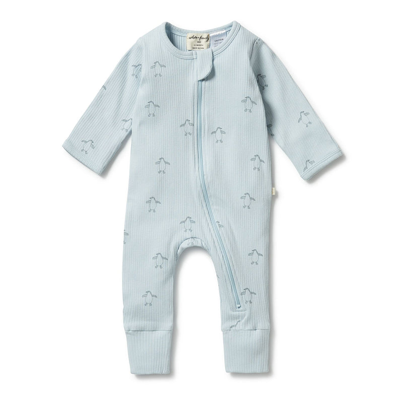 W&F | Organic Rib Footed Zipsuit - Blue Little Penguin