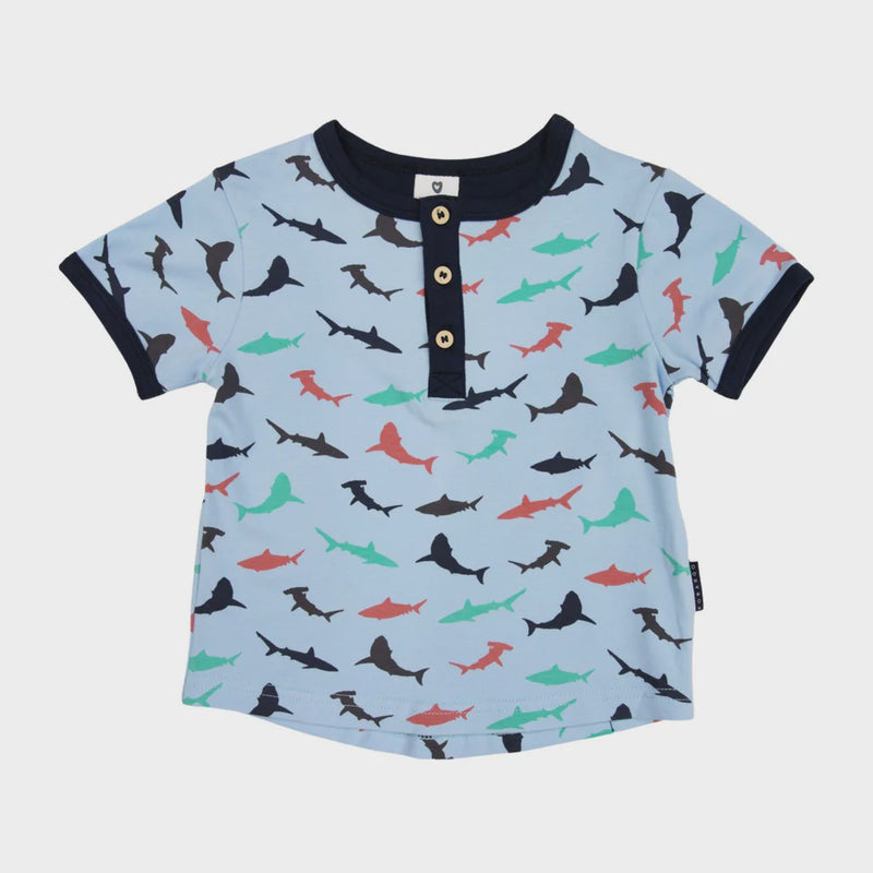 Korango | Baby Boys Shark Print Henley Tee - Blue