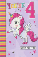 DELUXE YOU'RE 4 UNICORN BIRTHDAY CARD