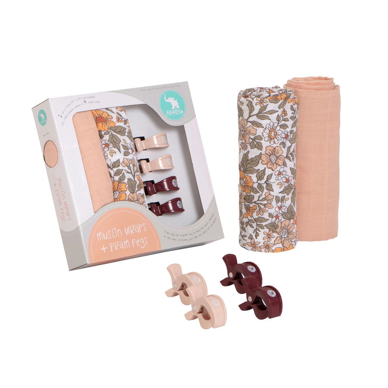 All4Ella | 2pk Muslin Wraps & Pram Pegs - Daisy & Peach