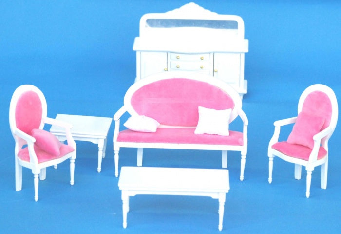 WOODEN WHITE LIVING ROOM WITH PINK SOFA FURNITURE SET