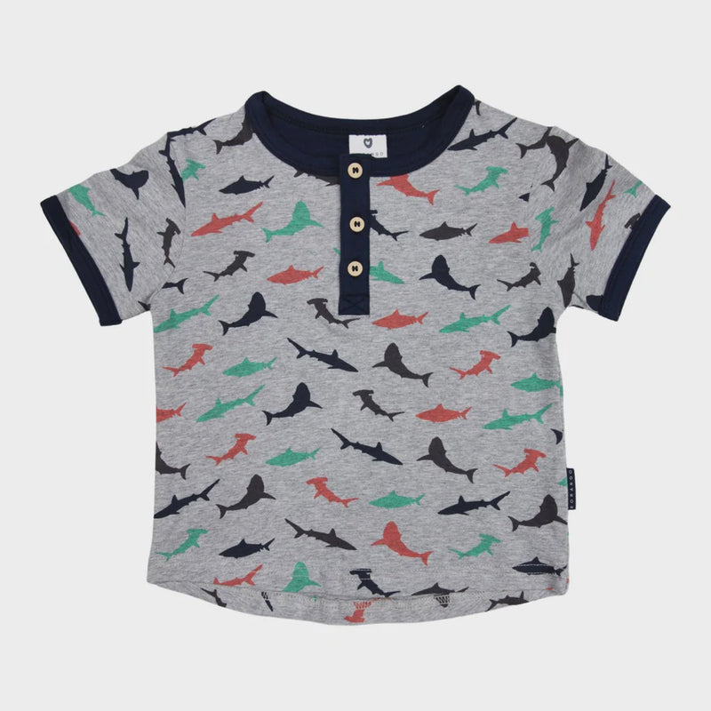 Korango | Baby Boys Shark Print Henley Tee - Grey