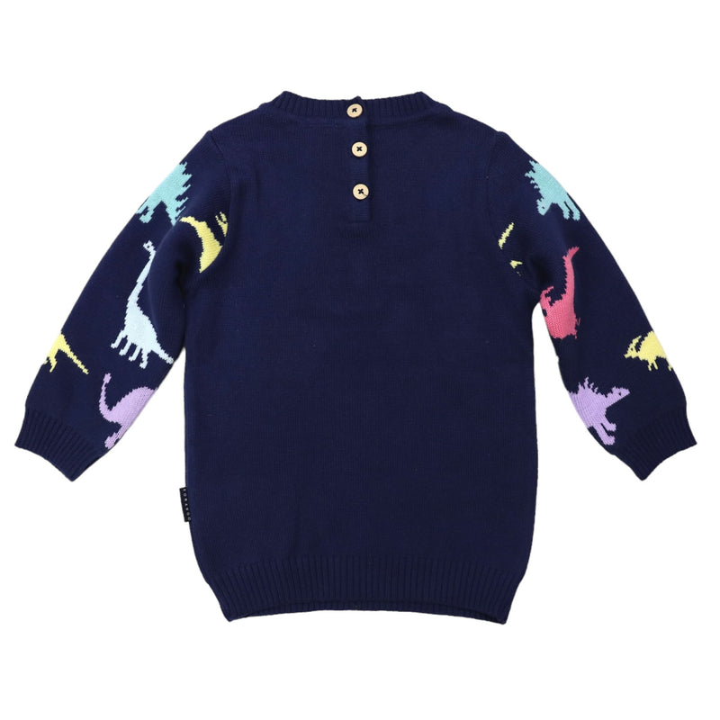 Korango | Girls Dinosaur Long Sweater Dress - Navy