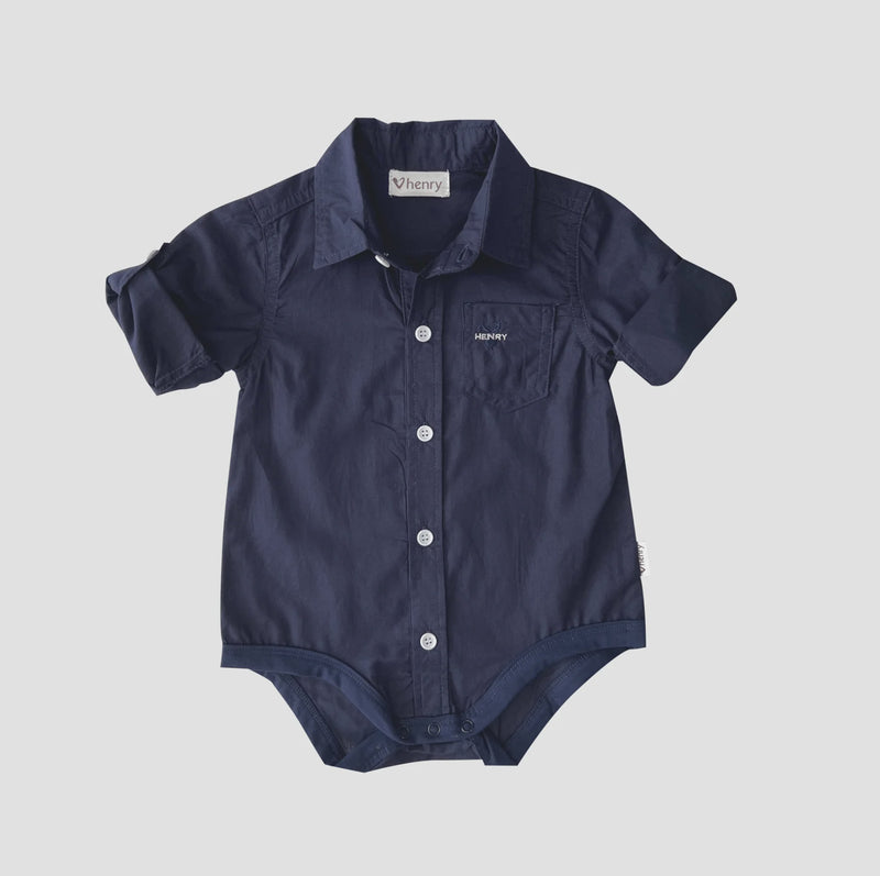 Love Henry | Baby Boys Dress Shirt Romper - Navy