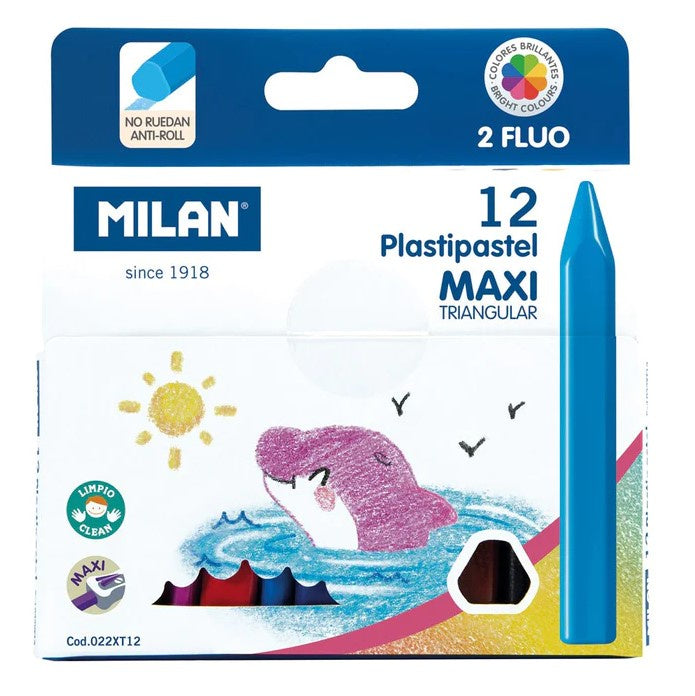 Milan Plastipastel Maxi Triangular Pack 12 Assorted Colours