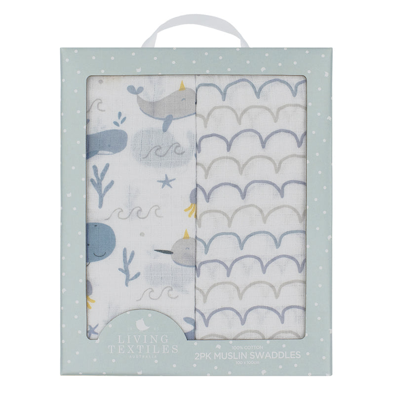 Living Textiles | 2pk Muslin Swaddles - Whale of a Time
